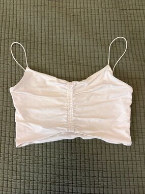 Aritzia White Ruched Satin Spaghetti Strap Crop Cami